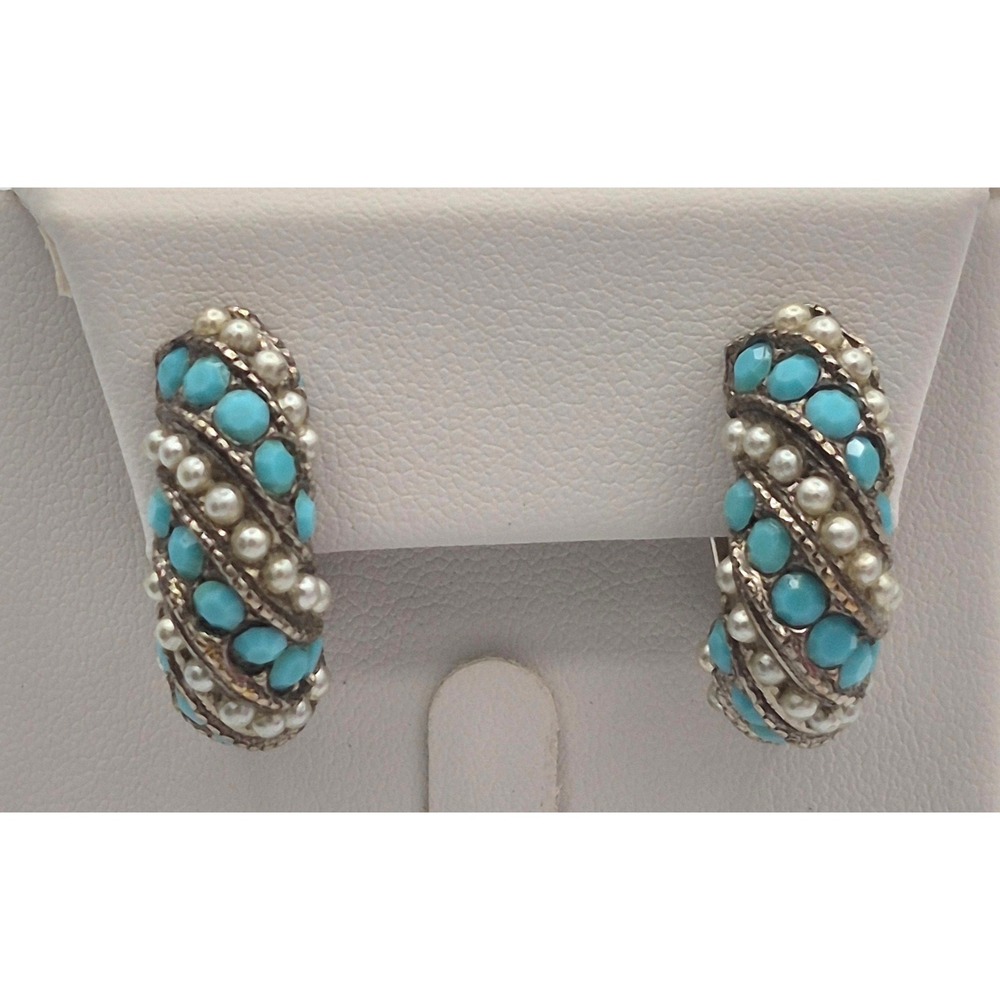 Vintage Faux Turquoise Pearl Clip On Hoop Earrings Silver Tone Textured Ornate
